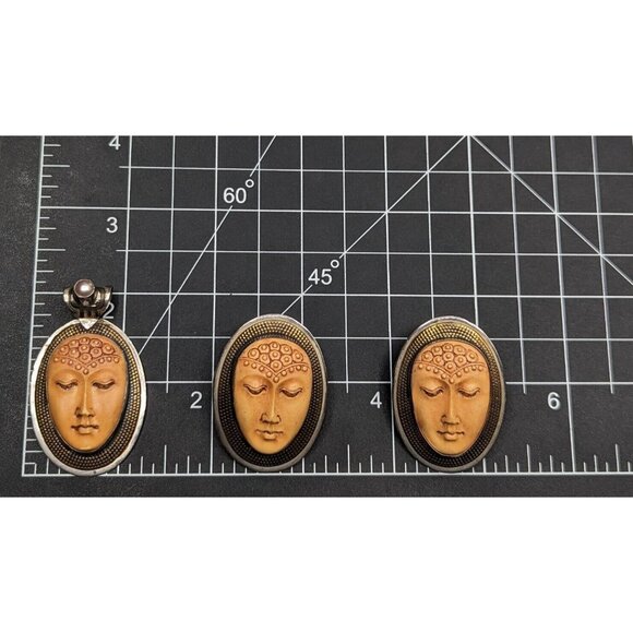 Tabra Guan Yin Buddha Goddess Resin Face Sterling Silver Earrings Pendant Set - Picture 5 of 16